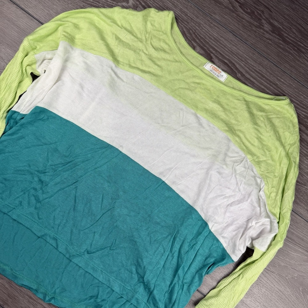 Renee C Women's Tri Color Colorblock Pullover Top Green Blue White Large‎